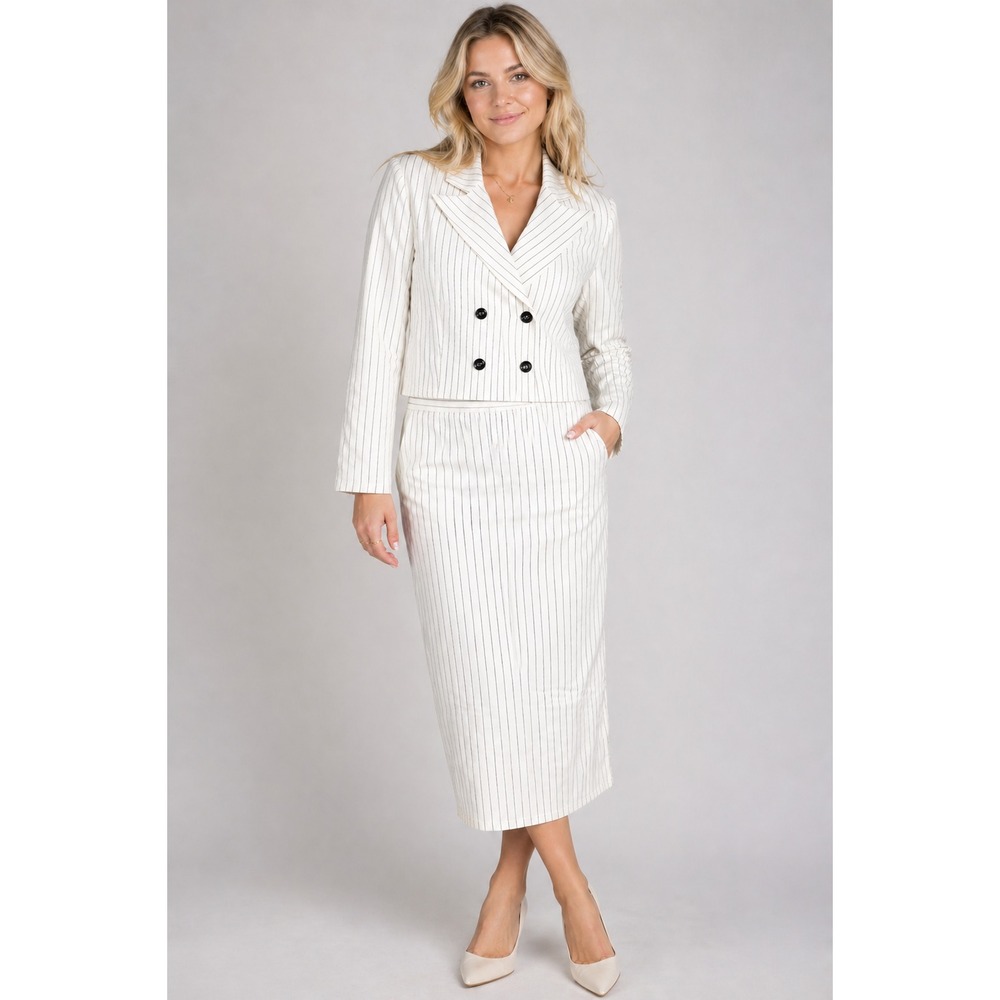 Chic White Pinstripe 2 Piece Suit Cropped Blazer Maxi Skirt Set Dark Academia XL